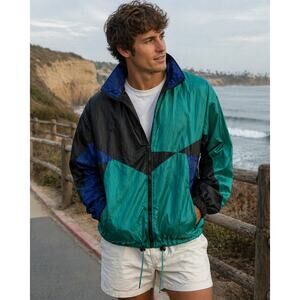 Vintage 90s MAX Active Windbreaker Jacket Colorblock Teal Blue Large